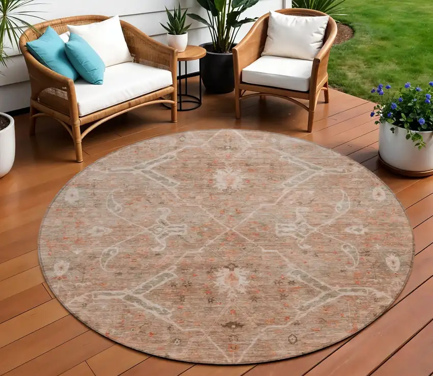 8' Coral And Copper Round Floral Washable Indoor Outdoor Area Rug Photo 1