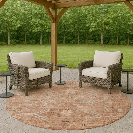 8' Coral And Copper Round Floral Washable Indoor Outdoor Area Rug Photo 8