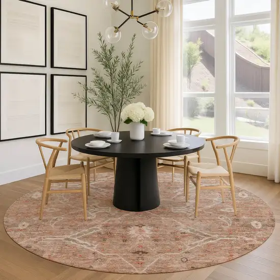 8' Coral And Copper Round Floral Washable Indoor Outdoor Area Rug Photo 9