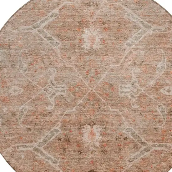 8' Coral And Copper Round Floral Washable Indoor Outdoor Area Rug Photo 6