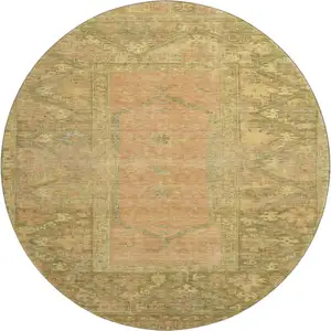 Photo of 8' Coral And Gold Oriental Washable Round Rug With UV Protection