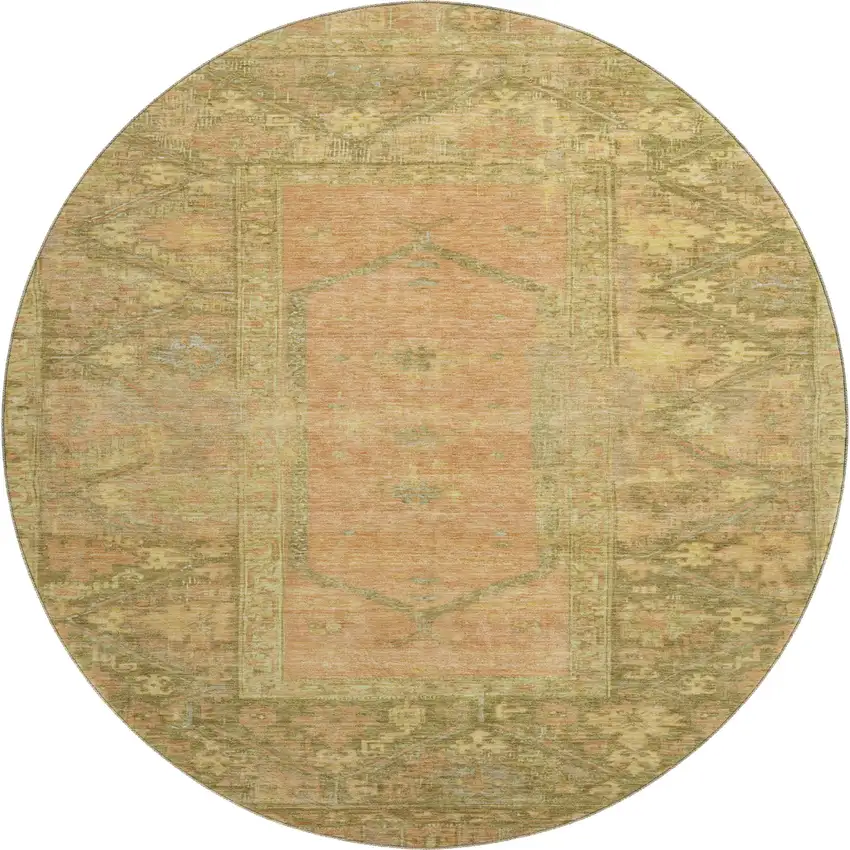 8' Coral And Gold Oriental Washable Round Rug With UV Protection Photo 1