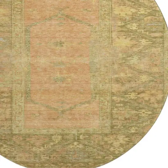 8' Coral And Gold Oriental Washable Round Rug With UV Protection Photo 2