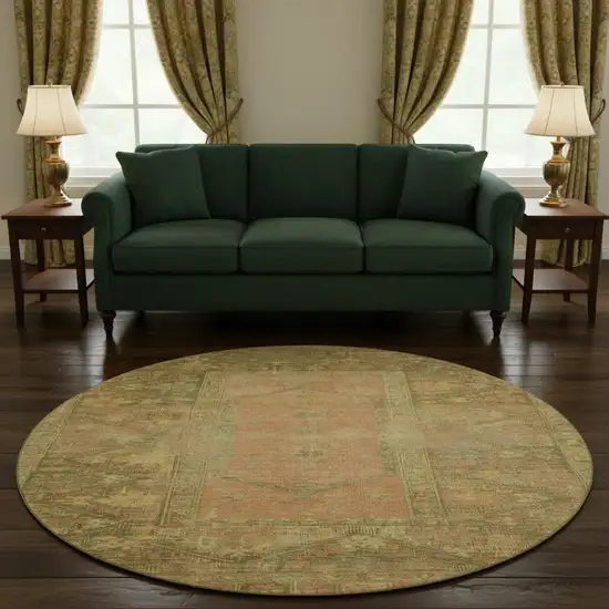 8' Coral And Gold Oriental Washable Round Rug With UV Protection Photo 2