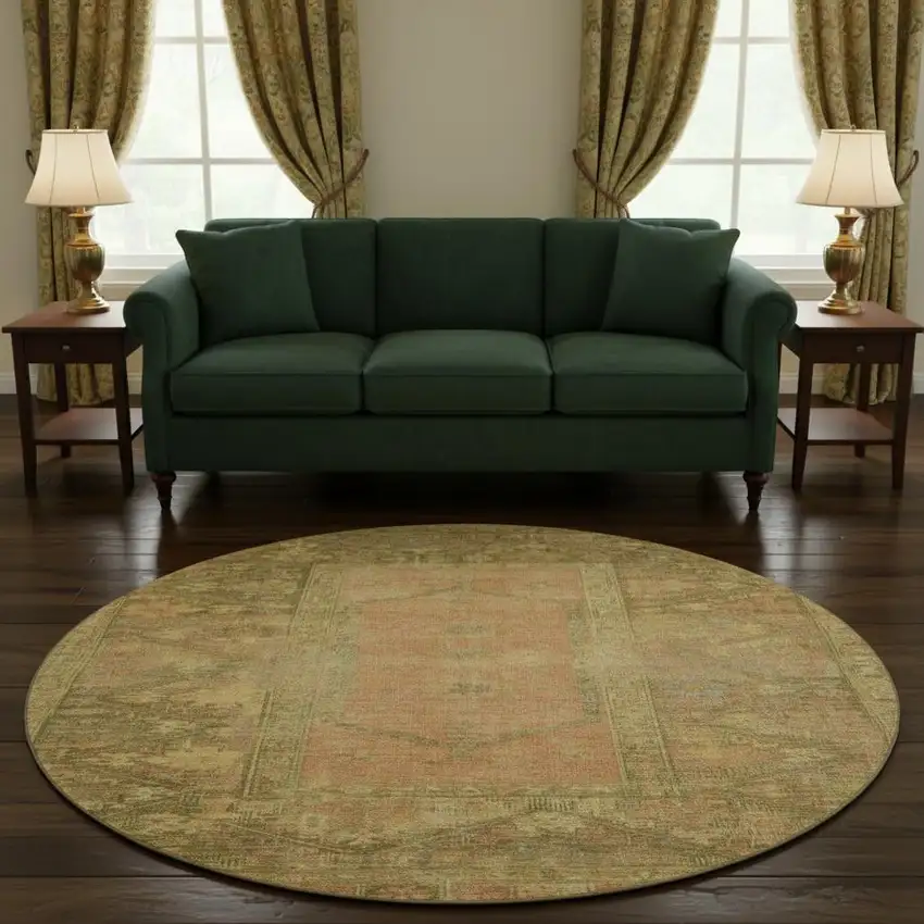 8' Coral And Gold Oriental Washable Round Rug With UV Protection Photo 2