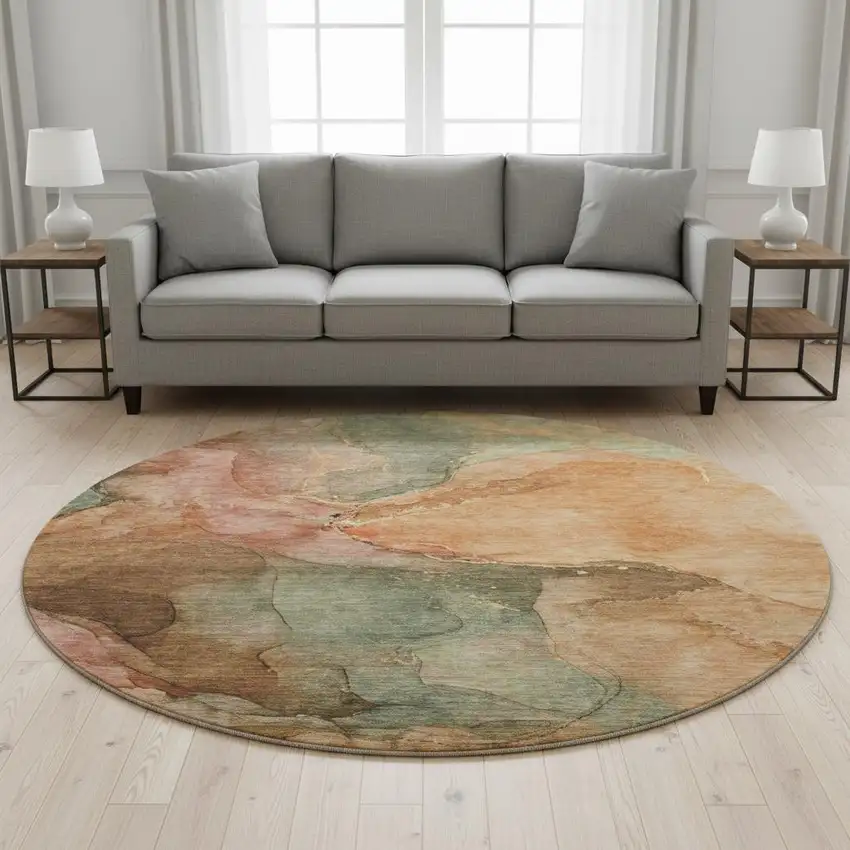8' Coral And Gray Abstract Washable Round Rug With UV Protection Photo 2
