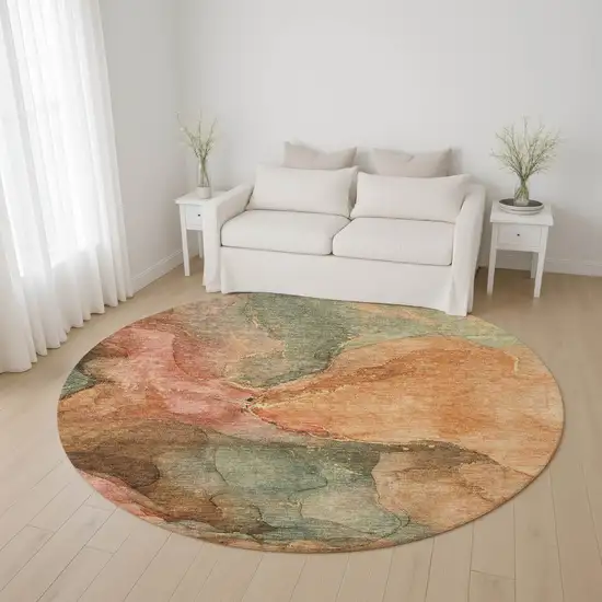 8' Coral And Gray Abstract Washable Round Rug With UV Protection Photo 4