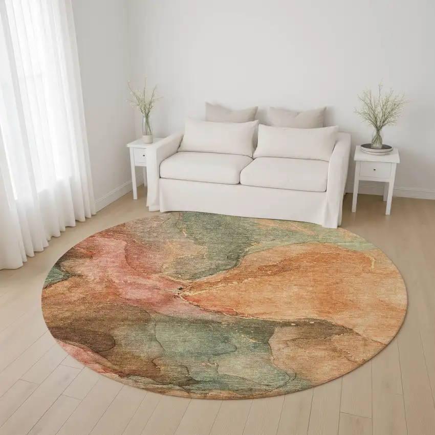8' Coral And Gray Abstract Washable Round Rug With UV Protection Photo 4