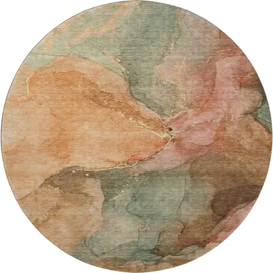 8' Coral And Gray Abstract Washable Round Rug With UV Protection Photo 4