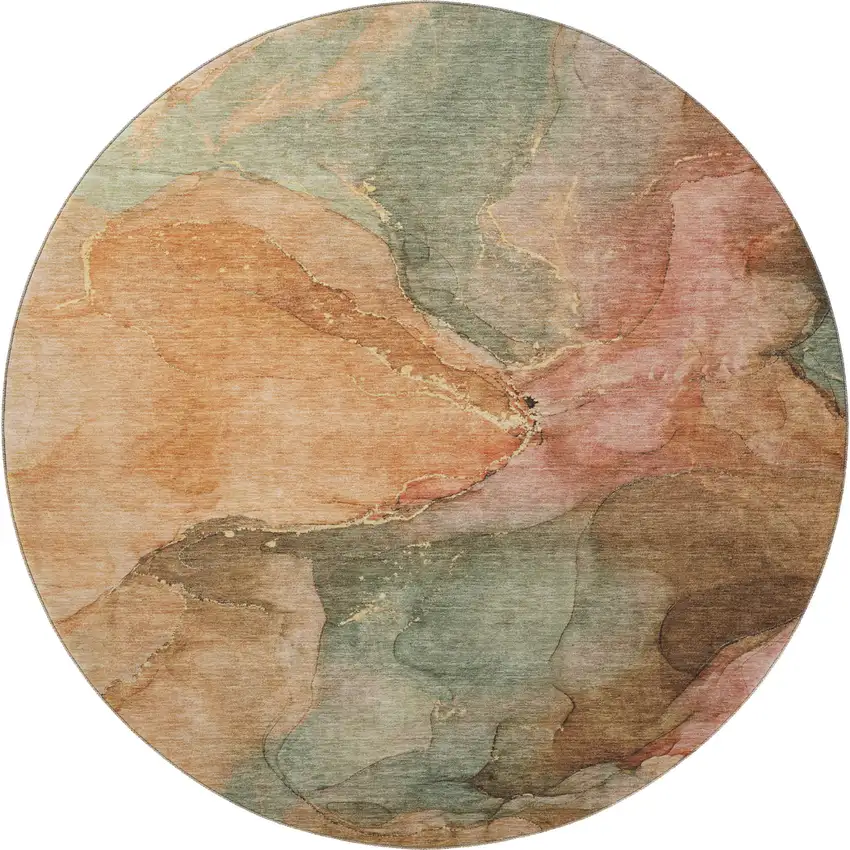 8' Coral And Gray Abstract Washable Round Rug With UV Protection Photo 4