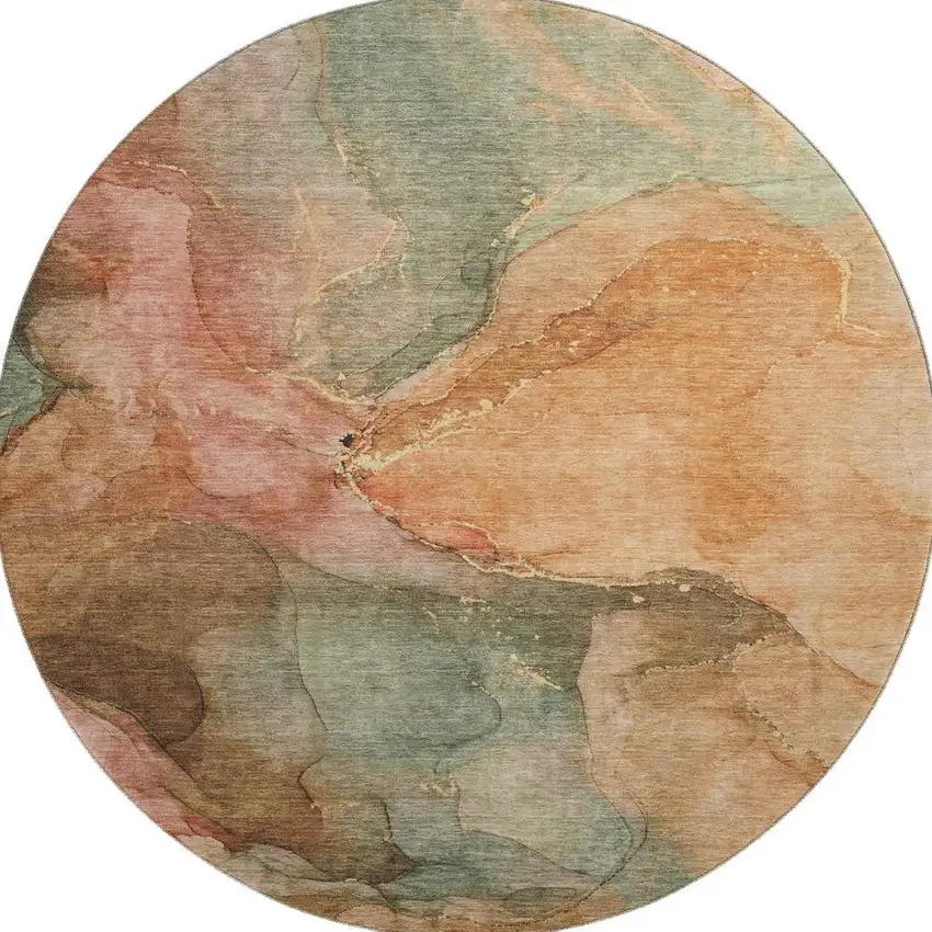 8' Coral And Gray Abstract Washable Round Rug With UV Protection Photo 2