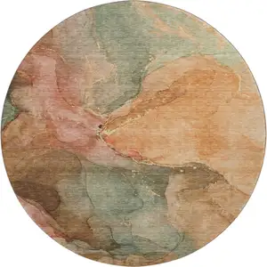 Photo of 8' Coral And Gray Abstract Washable Round Rug With UV Protection