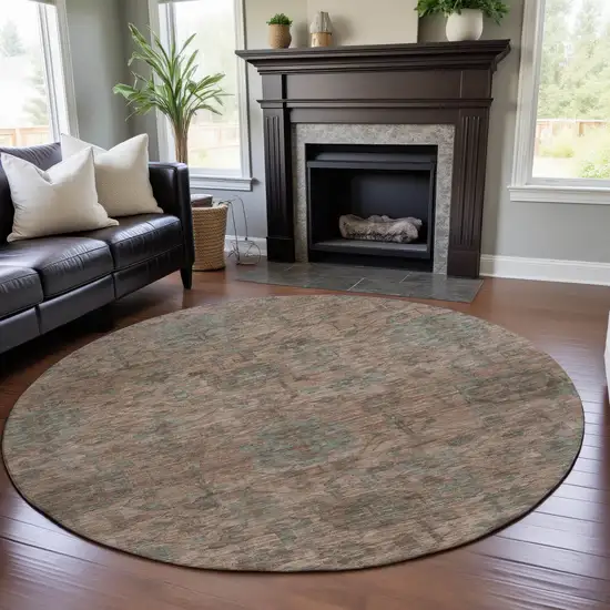 8' Coral And Gray Damask Washable Round Rug With UV Protection Photo 4