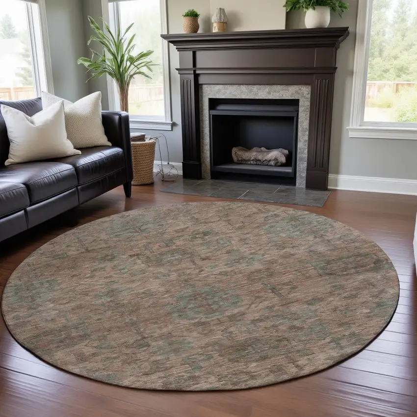 8' Coral And Gray Damask Washable Round Rug With UV Protection Photo 4