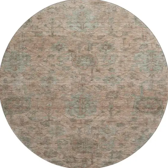 8' Coral And Gray Damask Washable Round Rug With UV Protection Photo 3