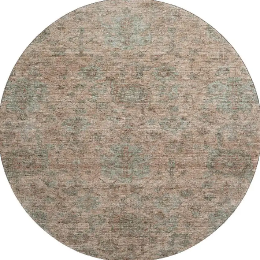 8' Coral And Gray Damask Washable Round Rug With UV Protection Photo 3