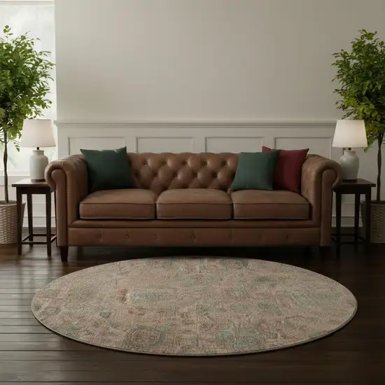 8' Coral And Gray Damask Washable Round Rug With UV Protection Photo 2