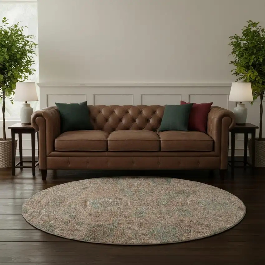 8' Coral And Gray Damask Washable Round Rug With UV Protection Photo 2