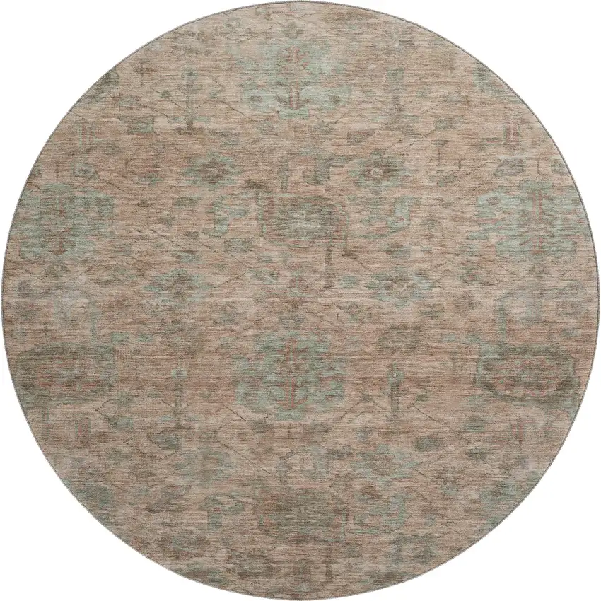 8' Coral And Gray Damask Washable Round Rug With UV Protection Photo 1