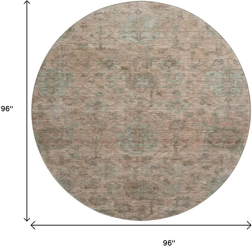 8' Coral And Gray Damask Washable Round Rug With UV Protection Photo 9