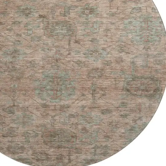 8' Coral And Gray Damask Washable Round Rug With UV Protection Photo 2