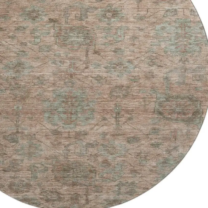 8' Coral And Gray Damask Washable Round Rug With UV Protection Photo 2