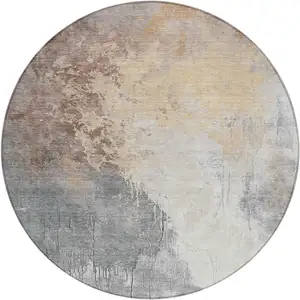 Photo of 8' Coral And Gray Round Abstract Washable Indoor Outdoor Area Rug