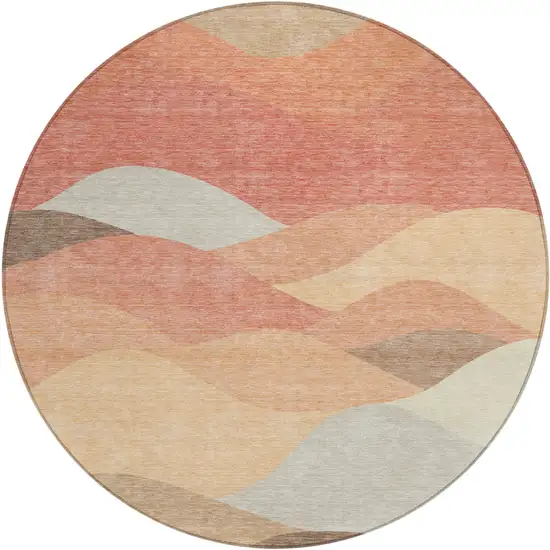 8' Coral And Gray Round Abstract Washable Indoor Outdoor Area Rug Photo 1