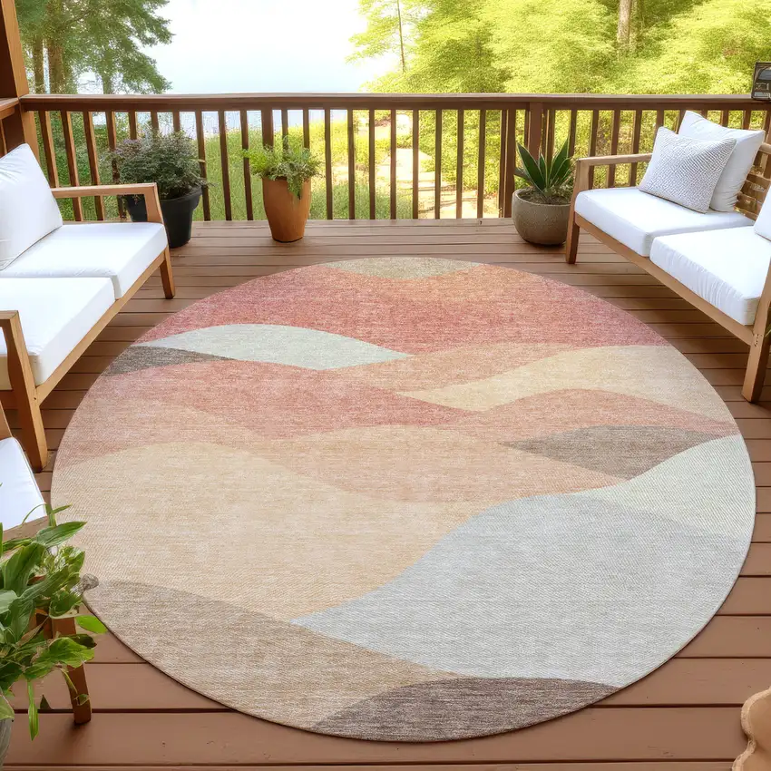 8' Coral And Gray Round Abstract Washable Indoor Outdoor Area Rug Photo 4