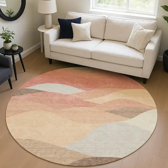 8' Coral And Gray Round Abstract Washable Indoor Outdoor Area Rug Photo 5
