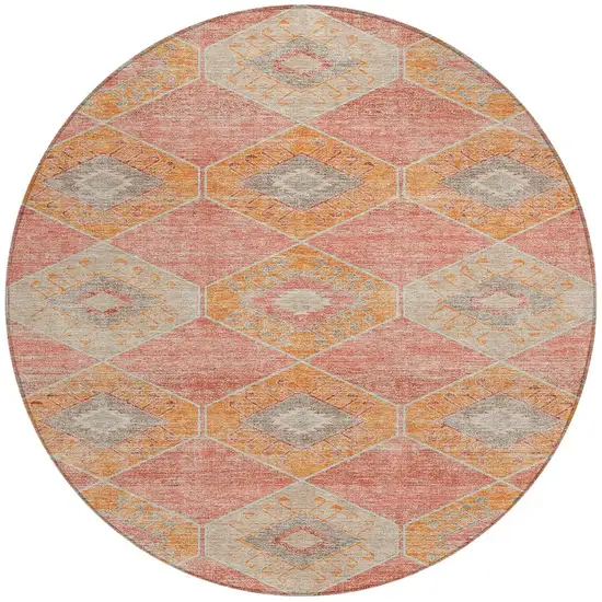 8' Coral And Gray Round Aztec Washable Indoor Outdoor Area Rug Photo 3