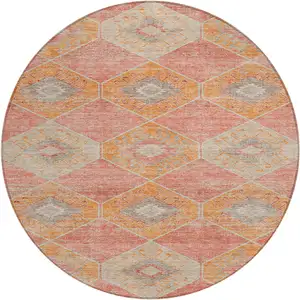 Photo of 8' Coral And Gray Round Aztec Washable Indoor Outdoor Area Rug