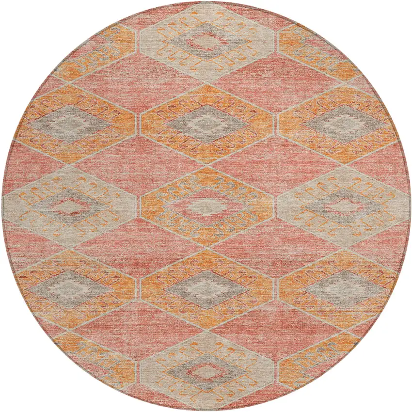 8' Coral And Gray Round Aztec Washable Indoor Outdoor Area Rug Photo 1