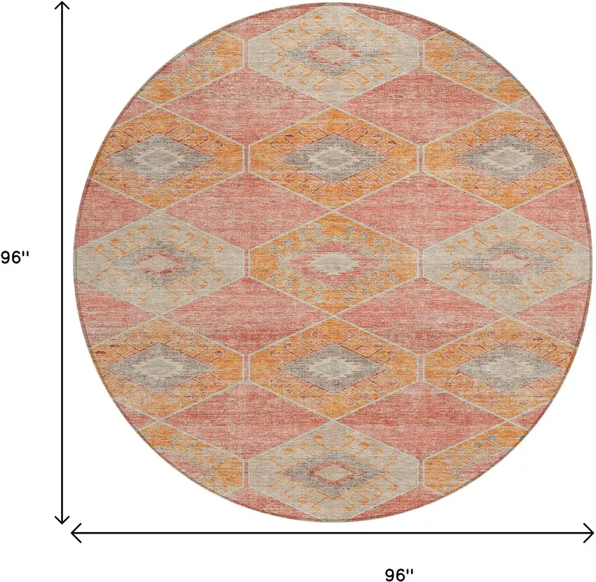 8' Coral And Gray Round Aztec Washable Indoor Outdoor Area Rug Photo 9