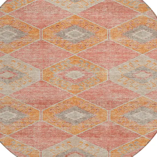8' Coral And Gray Round Aztec Washable Indoor Outdoor Area Rug Photo 8
