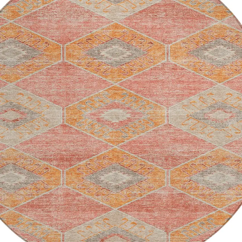 8' Coral And Gray Round Aztec Washable Indoor Outdoor Area Rug Photo 8