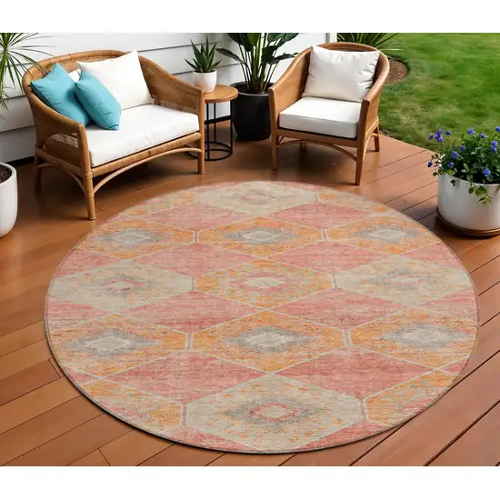8' Coral And Gray Round Aztec Washable Indoor Outdoor Area Rug Photo 2