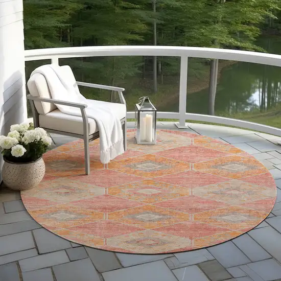 8' Coral And Gray Round Aztec Washable Indoor Outdoor Area Rug Photo 6
