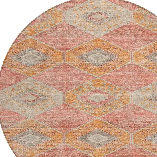 8' Coral And Gray Round Aztec Washable Indoor Outdoor Area Rug Photo 4