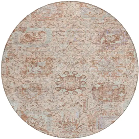 8' Coral And Gray Round Damask Washable Indoor Outdoor Area Rug Photo 2