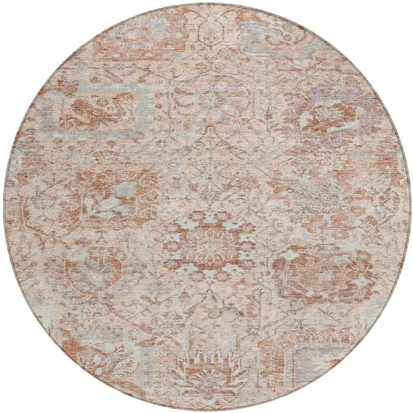 8' Coral And Gray Round Damask Washable Indoor Outdoor Area Rug Photo 2