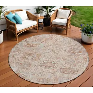 Photo of 8' Coral And Gray Round Damask Washable Indoor Outdoor Area Rug