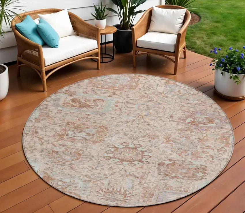 8' Coral And Gray Round Damask Washable Indoor Outdoor Area Rug Photo 1