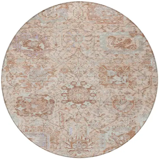 8' Coral And Gray Round Damask Washable Indoor Outdoor Area Rug Photo 5