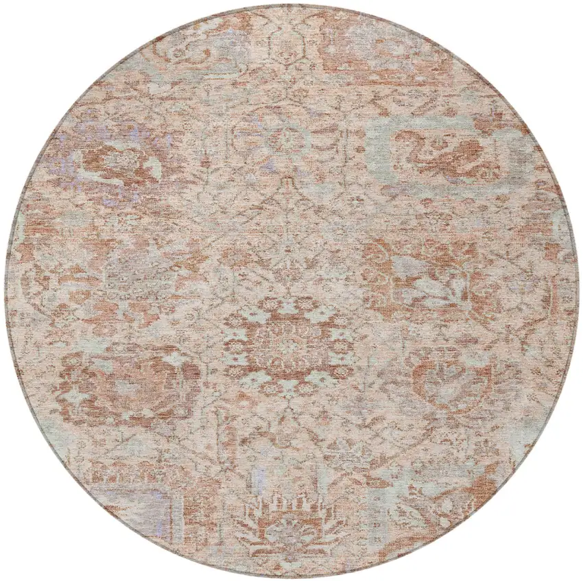8' Coral And Gray Round Damask Washable Indoor Outdoor Area Rug Photo 5