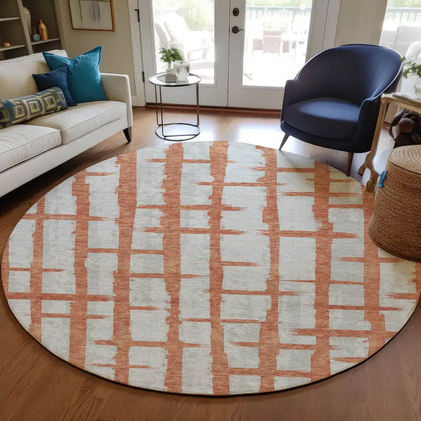 8' Coral And Gray Round Striped Washable Indoor Outdoor Area Rug Photo 7