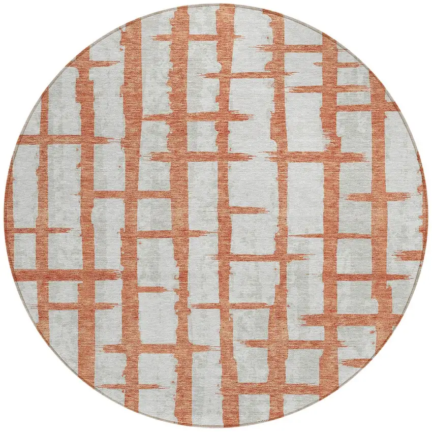 8' Coral And Gray Round Striped Washable Indoor Outdoor Area Rug Photo 5