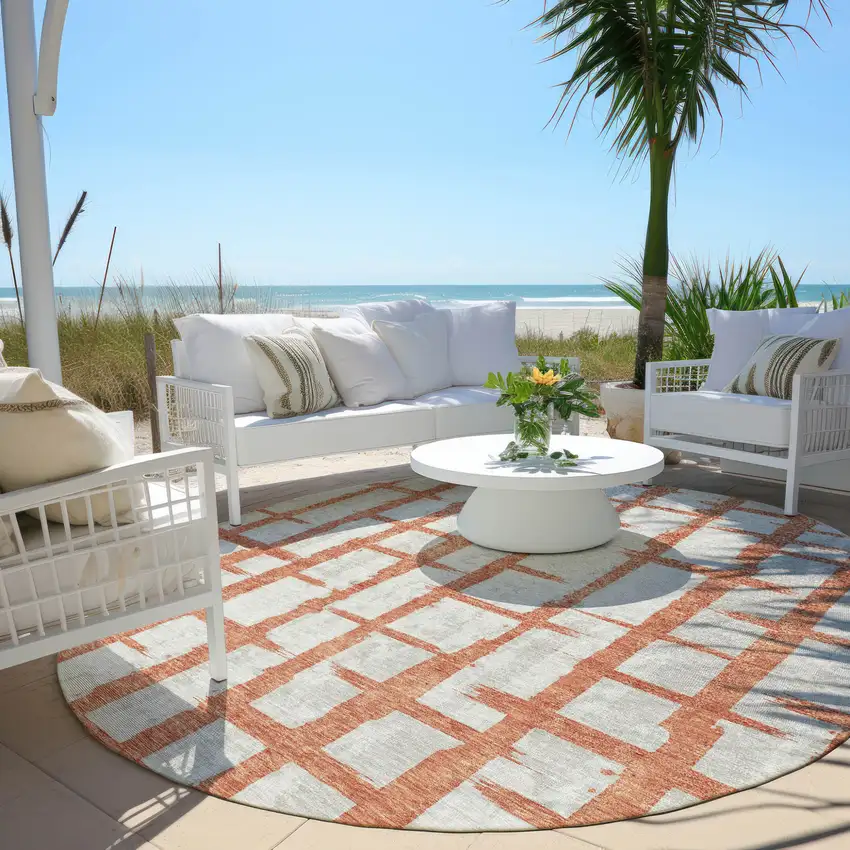 8' Coral And Gray Round Striped Washable Indoor Outdoor Area Rug Photo 6