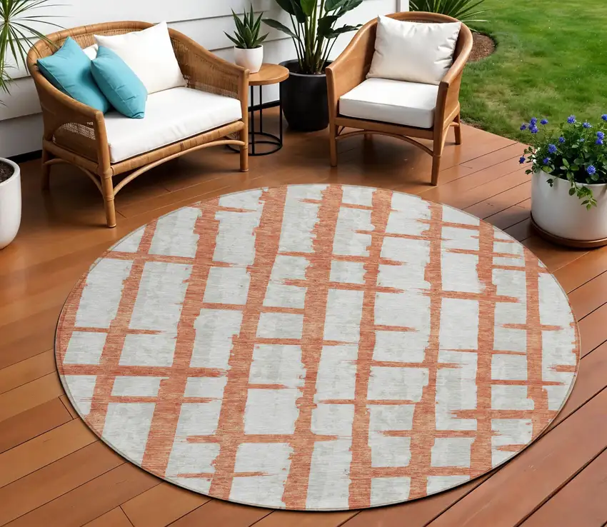 8' Coral And Gray Round Striped Washable Indoor Outdoor Area Rug Photo 1