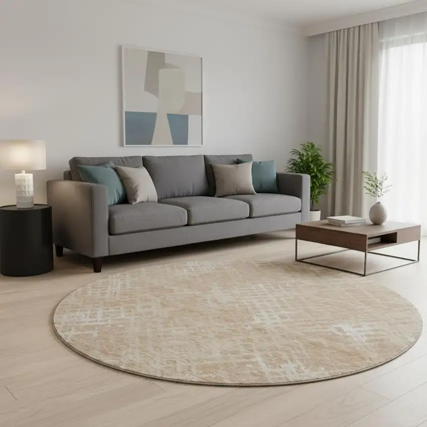 8' Coral And Ivory Abstract Geometric Washable Round Rug With UV Protection Photo 2